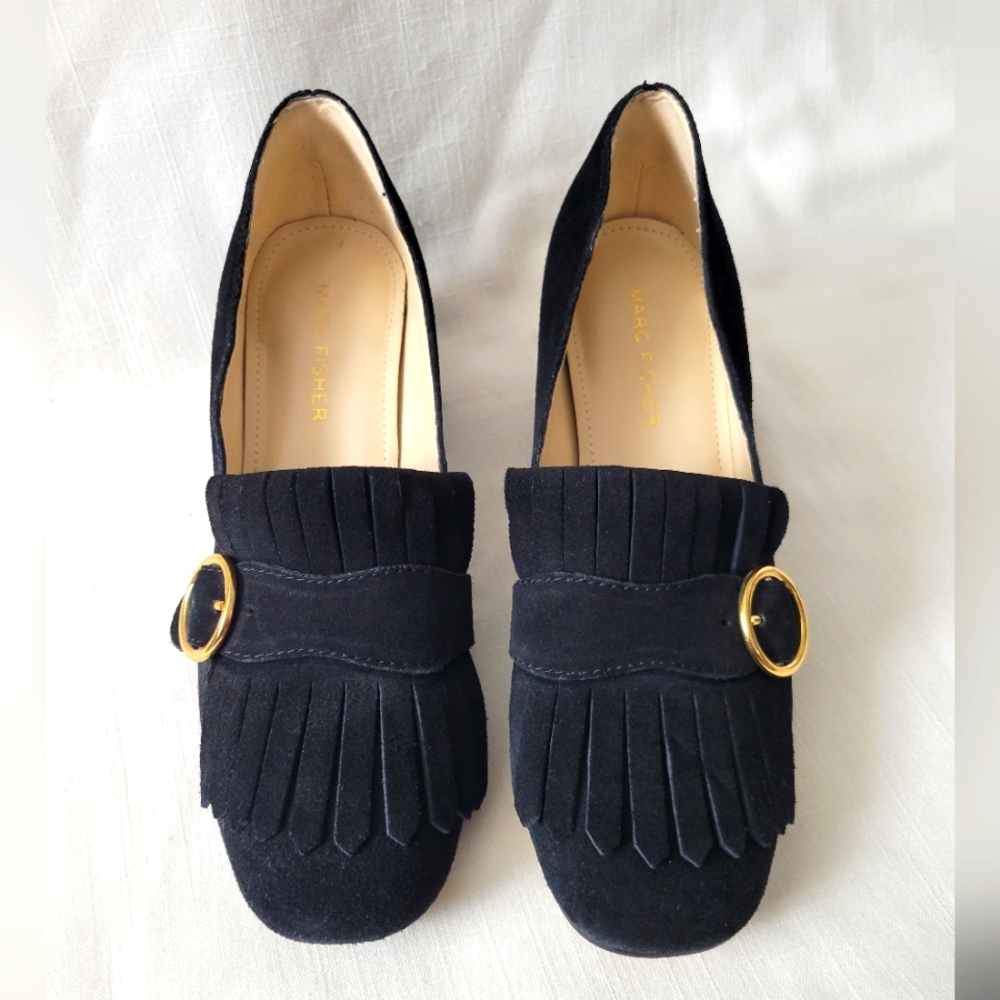 Mark Fisher Black Suede Block Heel & Fringe Loafer size 6 - Picture 11 of 15